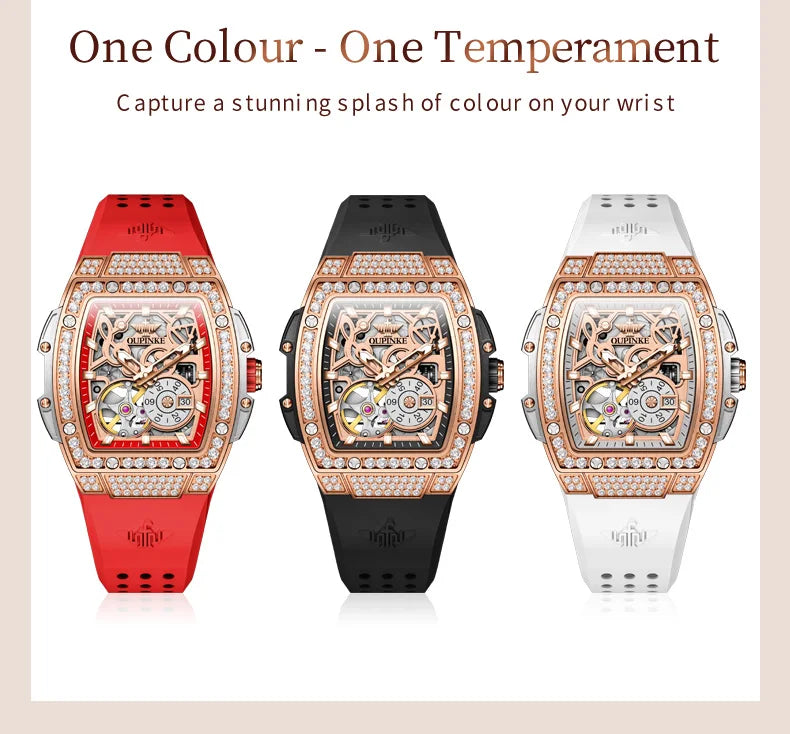 OUPINKE 3220 Hollow Skeleton Hollow Tourbillon Design Stainless Steel Sports Fashion Lady Automatic Mechanical Watch for Woman