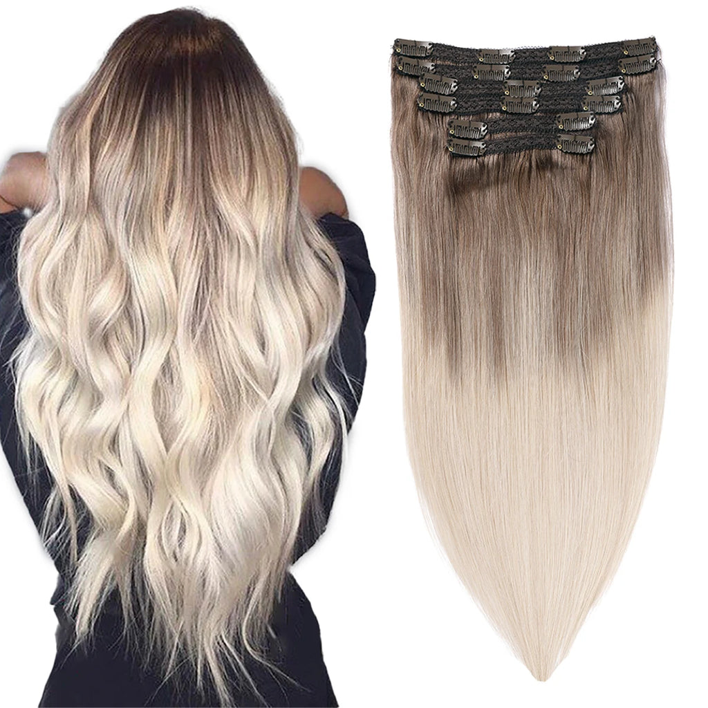 Real Virgin Remy Double Weft Balayage Human Hair Clip Ins Hair Extension