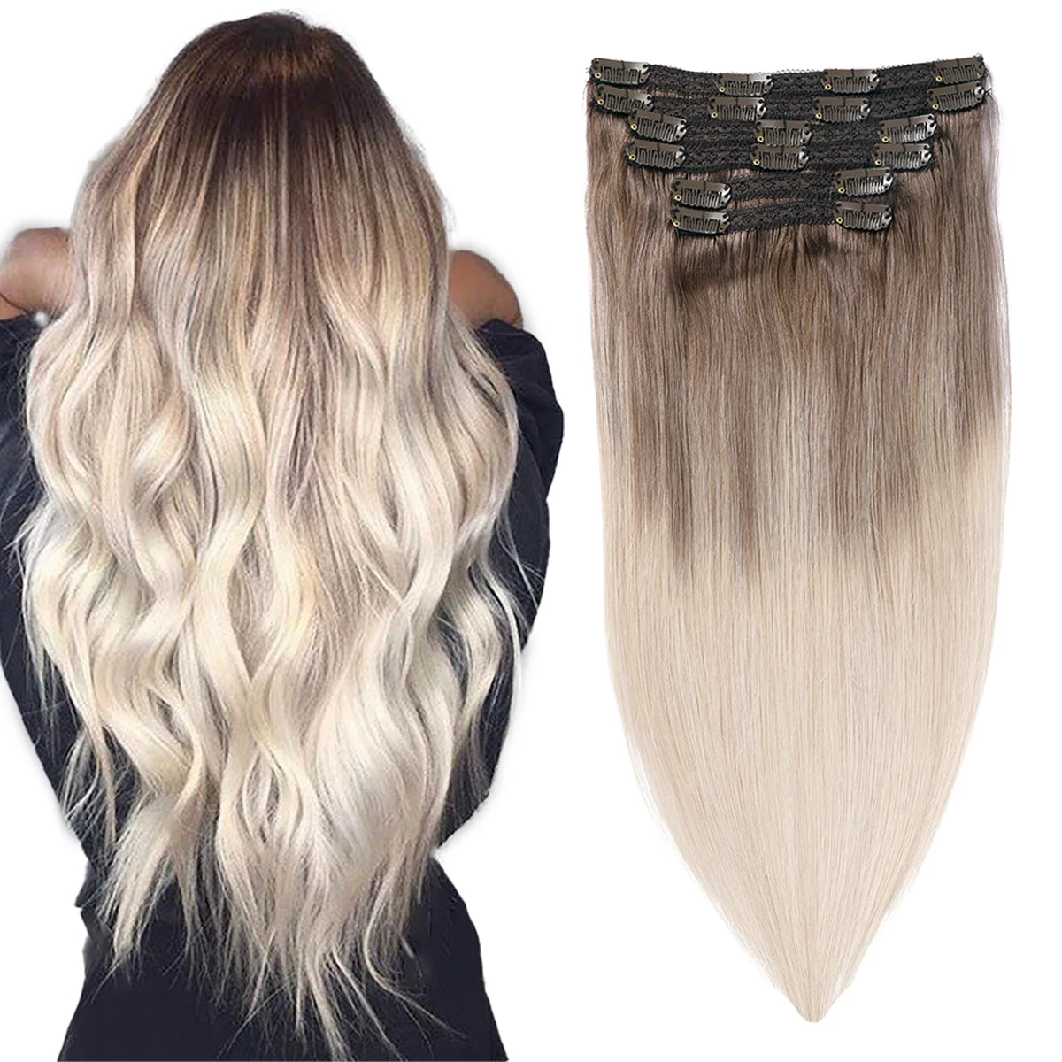 Real Virgin Remy Double Weft Balayage Human Hair Clip Ins Hair Extension