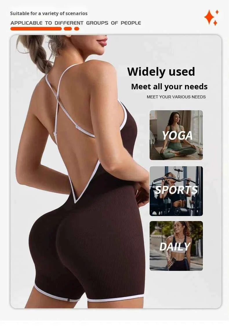 Women Seamless Quick-Drying Cross-Back Design Jumpsuit  Contrasting Color Straps One-Piece Shorts