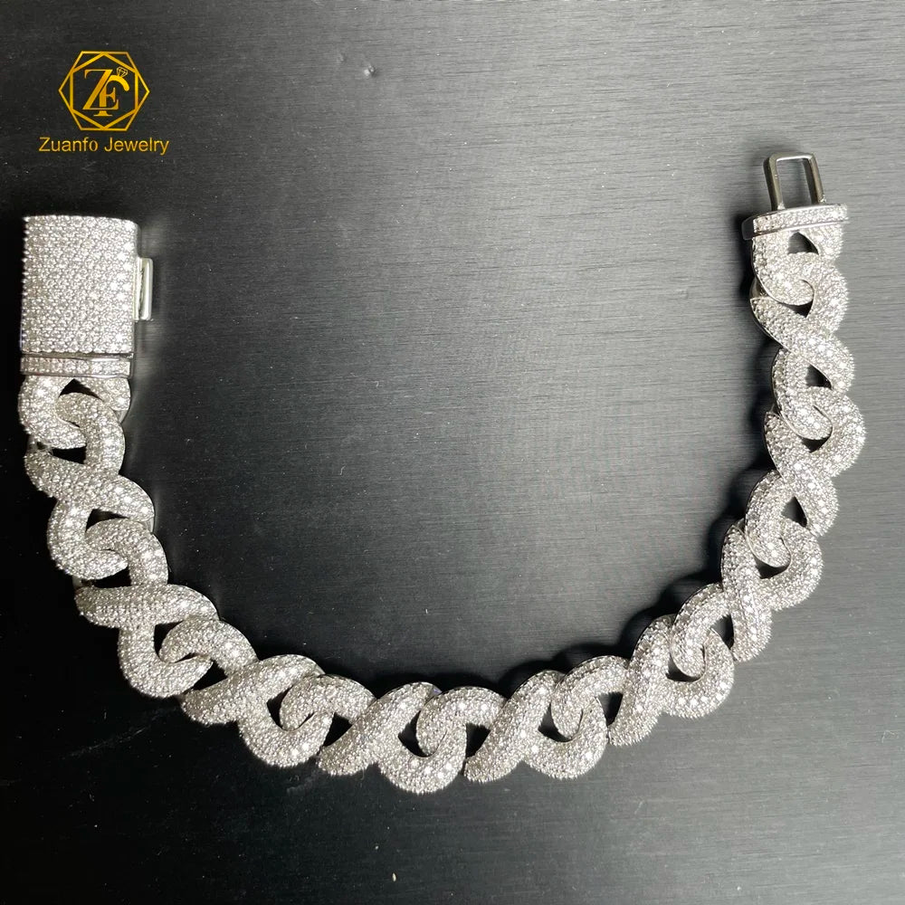 Hiphop Style 925 Silver Gold Plated 15MM Moissanite Infinity Chain Cuban Chain Necklace Bracelet Fine Chain Link Bracelets for
