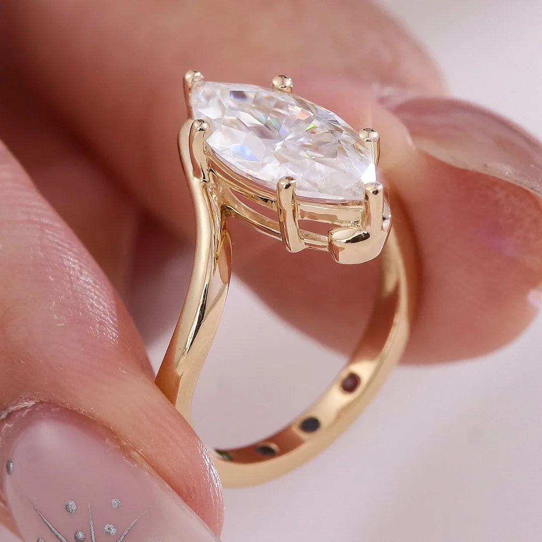 3 Carat Marquise Moissanite Diamond Engagement Ring 10k Yellow Gold Twisted Band Couture Women's Fine Jewelry Ring