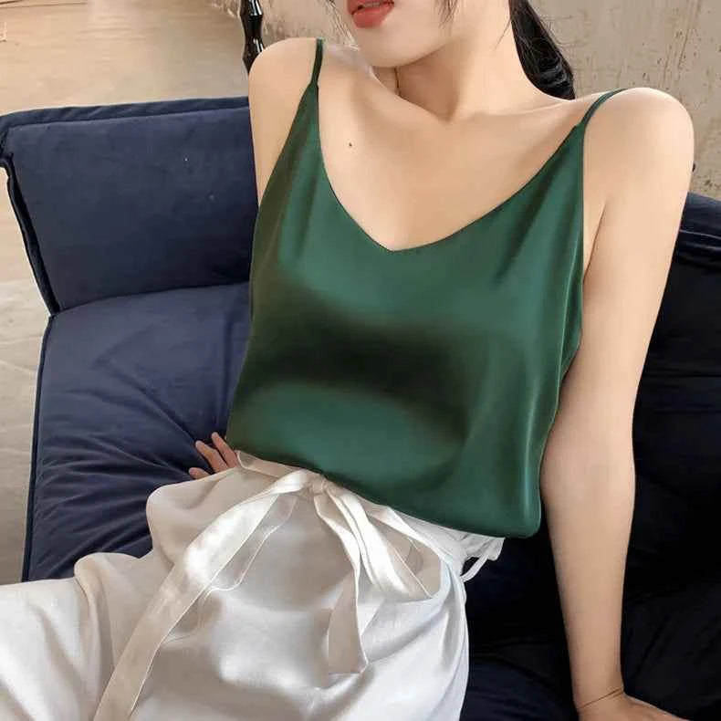 Casual V-Neck Sexy Solid Satin Woman Camis Tank Tops Chiffon Sleeveless Camisole Top Halter Camis Tops