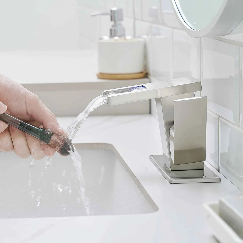 Modern LED 1-Hole Brushed Nickel Bathroom Faucet 304 Stainless Steel Waterfall Anti-Rust Lead-Free Basin Deck Plate Ceramic