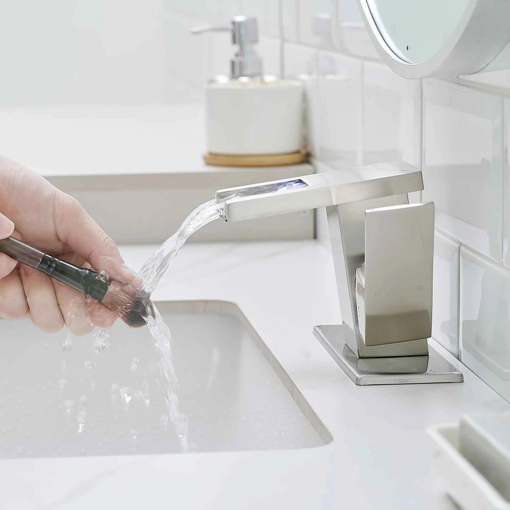 Modern LED 1-Hole Brushed Nickel Bathroom Faucet 304 Stainless Steel Waterfall Anti-Rust Lead-Free Basin Deck Plate Ceramic