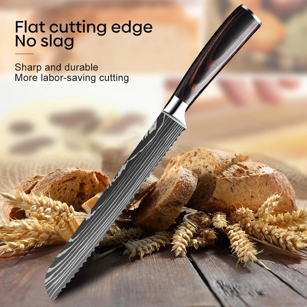 Kitchen Bread Knife Serrated Design Laser Damascus Stainless Steel Blade 8 Inch Chef Knives Bread Cheese Cake Tool