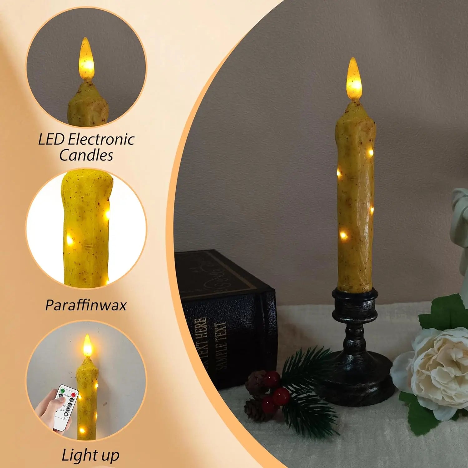 6.5 Inches Primitive Real Wax LED Flameless Short Candlesticks Hand Dipped Battery Operated Taper Candles Timer Remote Candles