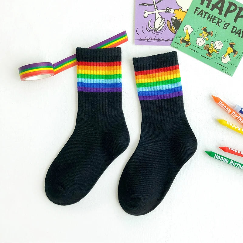 Kids Knee High Rainbow Socks Spring Summer Toddler Child Girls Boys Cotton White School Socks Stripe Long Sock Baby Accessories