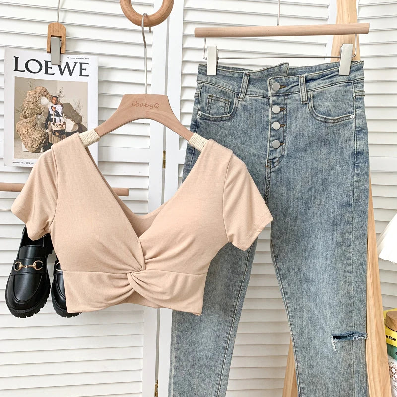 T Shirt  Woman Crop Tops Basic Short Sleeve Kawaii T Shirt Built In Bra Women Sexy Top Harajuku Korean Fashion