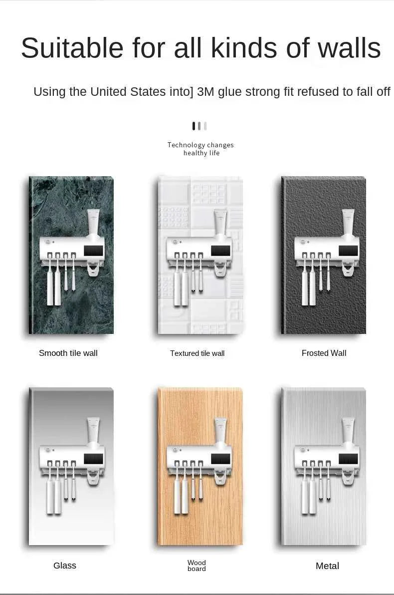 New Home Solar Energy No Need to Charge UV Toothbrush Holder Dispenser Tooth Paste Dispenser with Toothbrush Holder