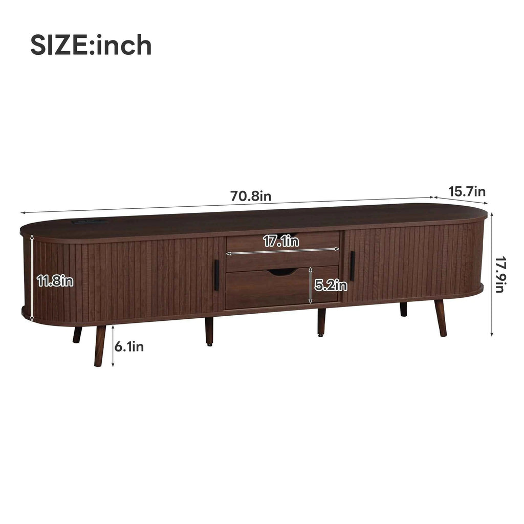 Mid Century Modern MDF TV Stand with Tambour Doors Drawers Power Outlet-Eco-Friendly Storage for 80 Inch TVs Living Room Bedroom