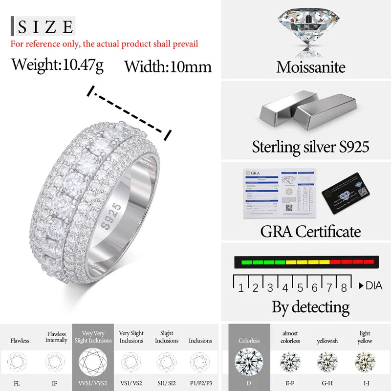 USA Warehouse Fashion Jewelry 5 Rows VVS Moissanite Diamond Bling Band Ring Gold Plate 925 Sterling Silver Wedding Ring for Men