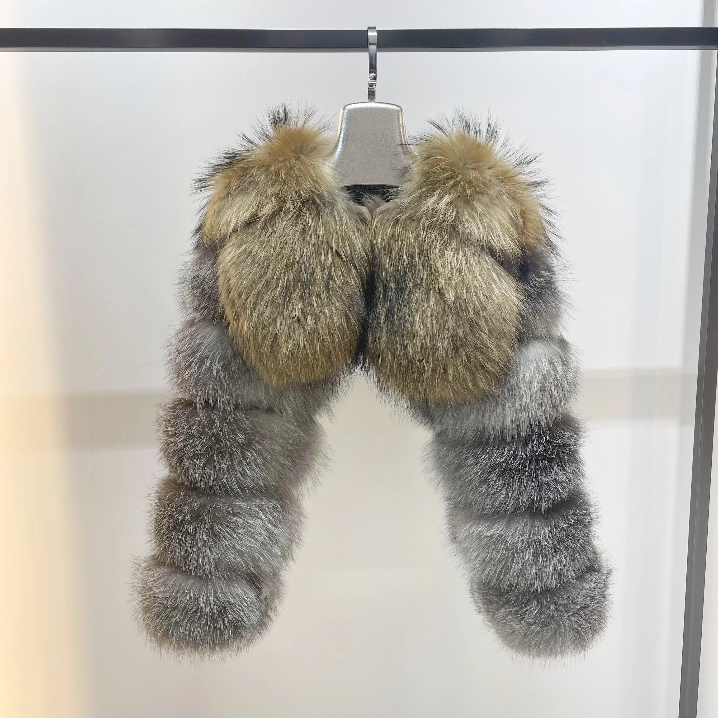 Women Real Fox Fur Bolero Jacket Unique Natural Fur Coat Two Fox Fur Sleeves