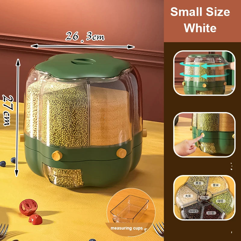 Best Seller Rice Container Kitchen Moisture-Proof 6-Grid Rotating Food Grain Dispenser Cereal Glossy Storage Box