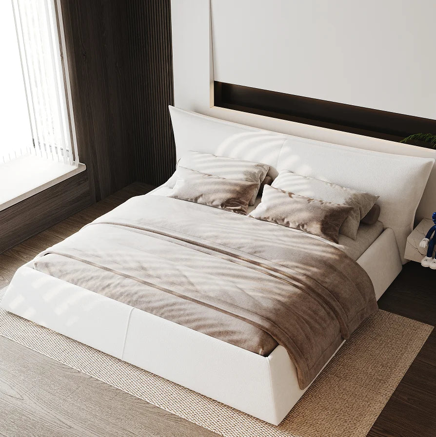 Teak Wood Platform Bed Frame  & King Size with Headboard Modern Soft Bed Eco-Friendly Convertible Natural Color