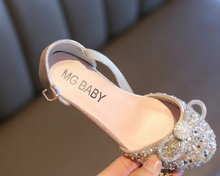 Girls High Heels for Kids Party Wedding Evening Dress Shoes 2026 Fashion Crystal Summer Princess Stockings Girl Sandals E02165