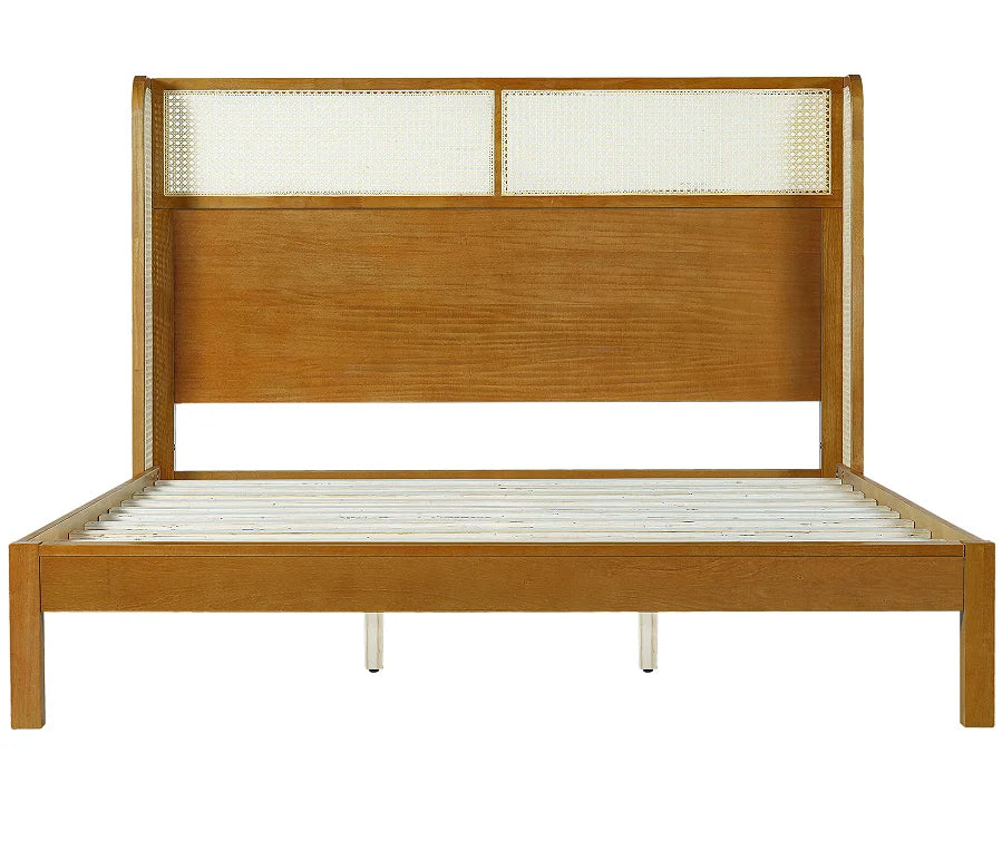 Teak Wood Platform Bed Frame  & King Size with Headboard Modern Soft Bed Eco-Friendly Convertible Natural Color