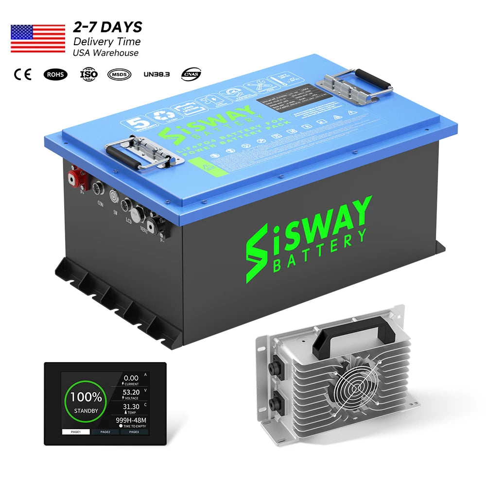 48V(51.2V) LiFePO4 Lithium Golf Cart Battery with 48V 20A Lithium Battery Charger Mobile APP Touch Monitor Perfect for Golf Cart