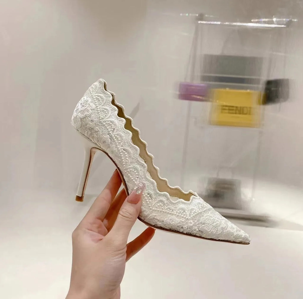 Pointed Toe6CM/8CM/10CM Ladies Lace Pumps White Wedding Sandalias Woman High Heel Sandals Fashion High Heel Lady Shoes