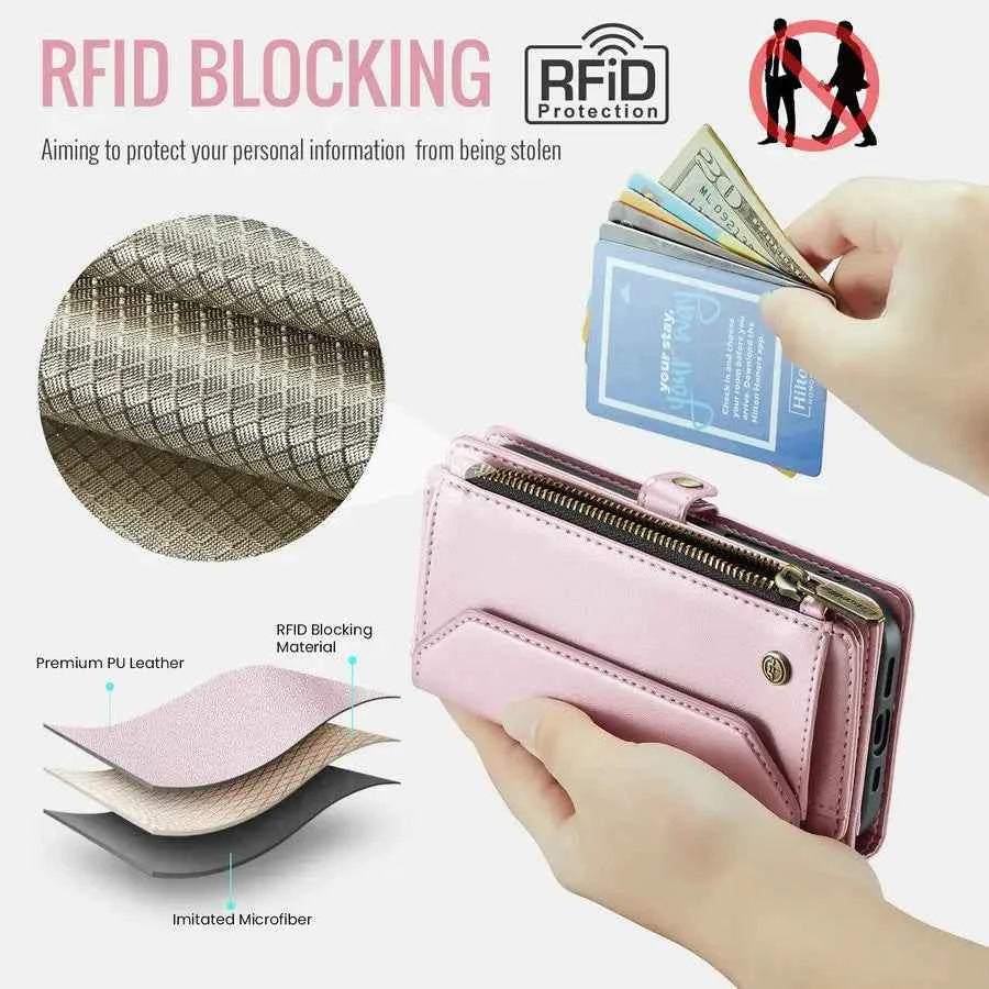 CaseMe Wireless Charge RFID Mobile Phone Cases for iPhone 16 Pro Max 15 14 13 12 11 7 8 Case Zipper Case for Iphones 15 Pro Max