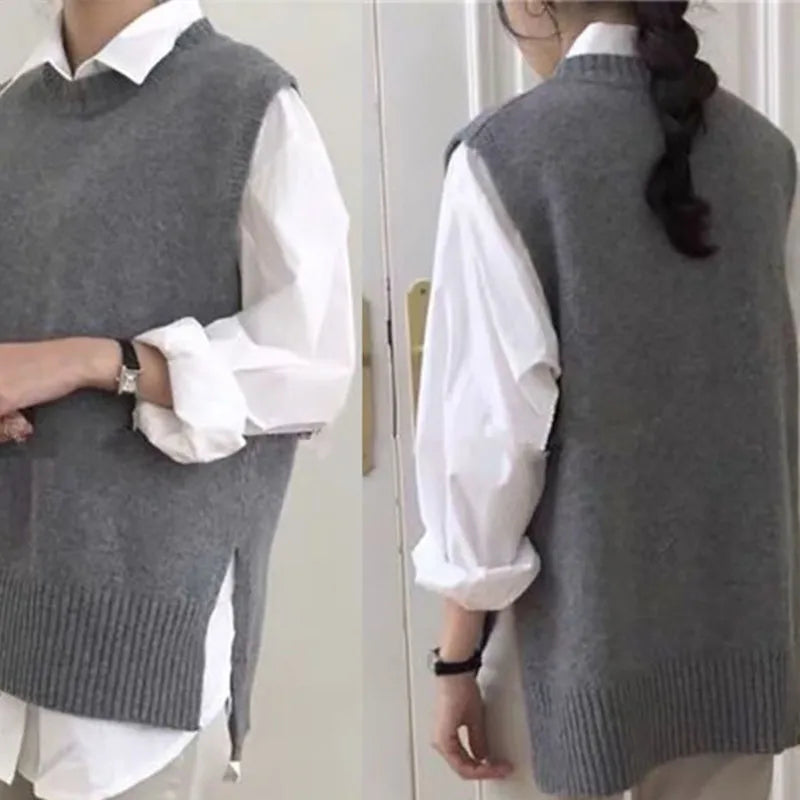 Women Oversized Loose Vest Female Knitted Sweater Women Jumper Ladies O-Neck Pullovers Waistcoat Pull Femme Female Outerwear