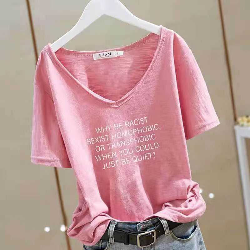 T Shirt Women 2026 New V-neck Loose Top Slub Cotton Letters Wild Short-sleeved Bottoming Shirts Female T Shirt Ins Tide Sexy Top