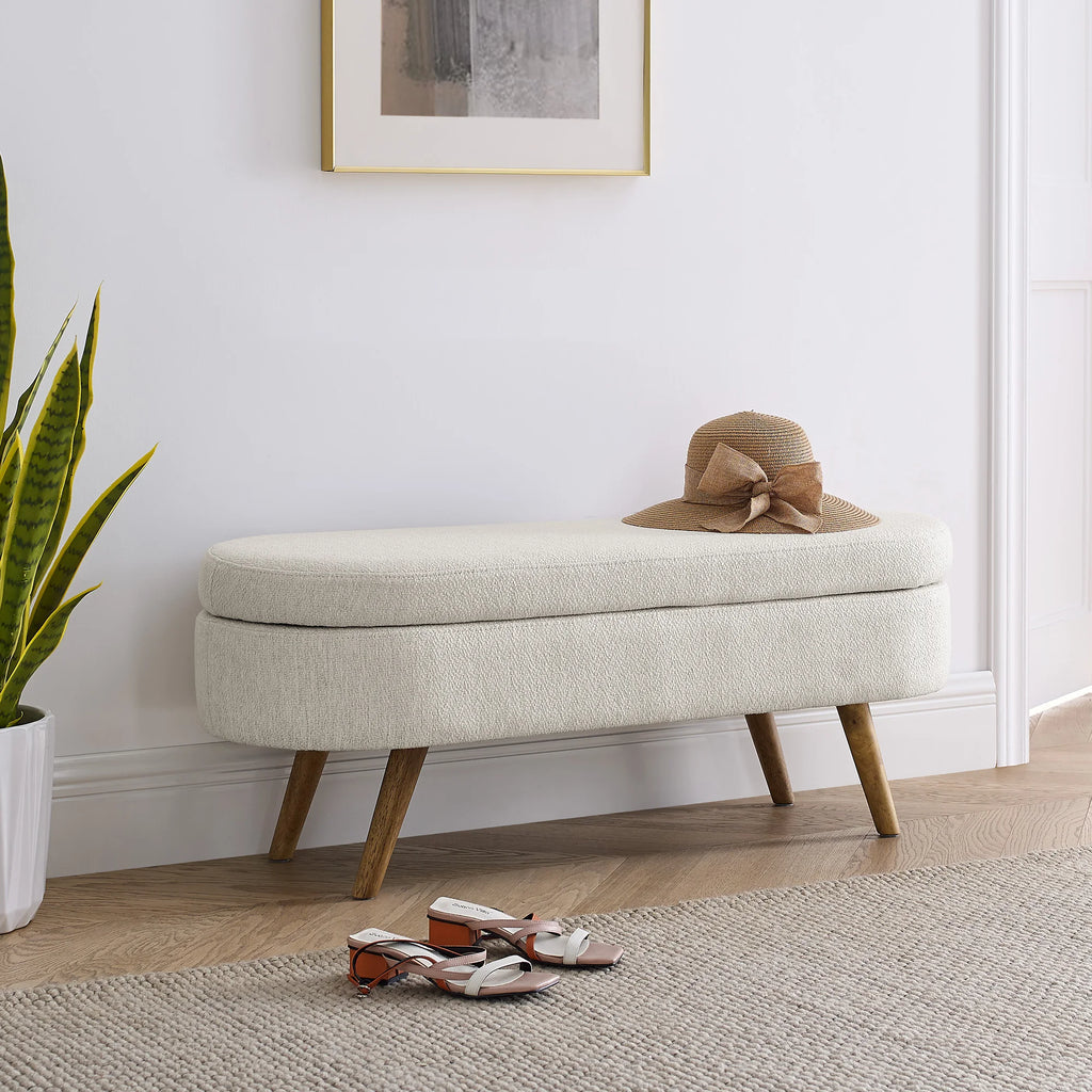 Ottoman Bed Bench with Adjustable Metal Legs Beige Fabric 43.5"x16"x16" Oval Storage Home Bedroom Furniture