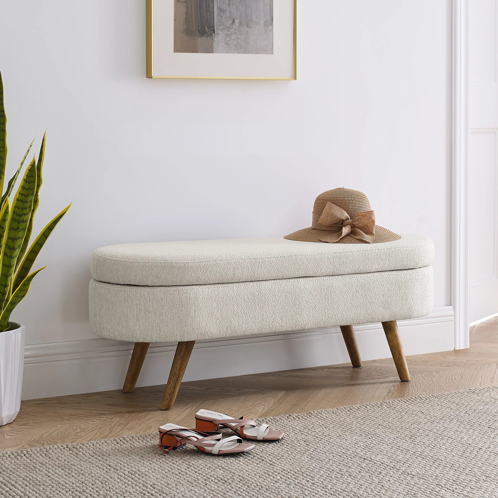 Ottoman Bed Bench with Adjustable Metal Legs Beige Fabric 43.5"x16"x16" Oval Storage Home Bedroom Furniture