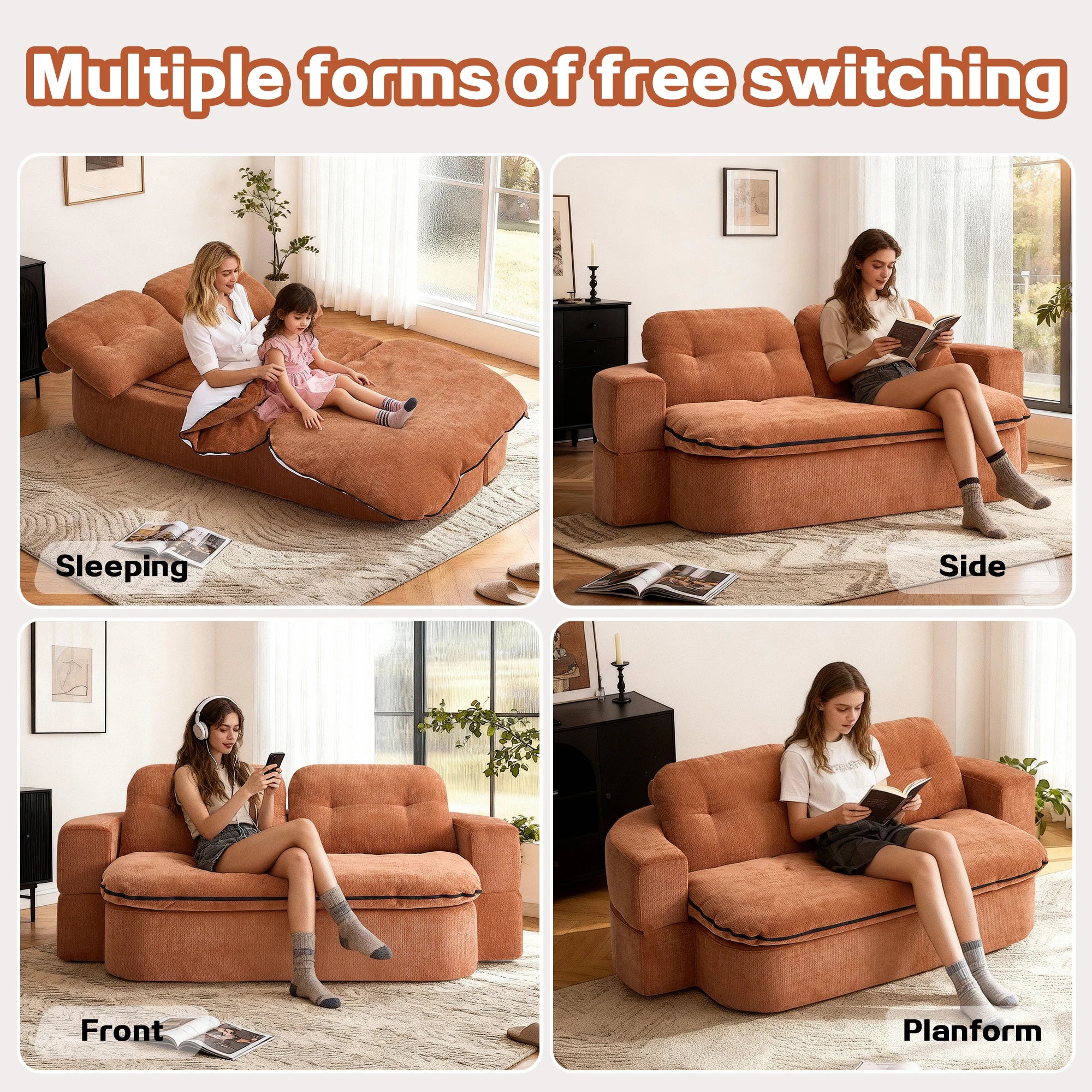 Modern Convertible Floor Sofa Bed 2 Pillows Foam-Filled Cushions No Assembly Required-Living Room/Playroom Use