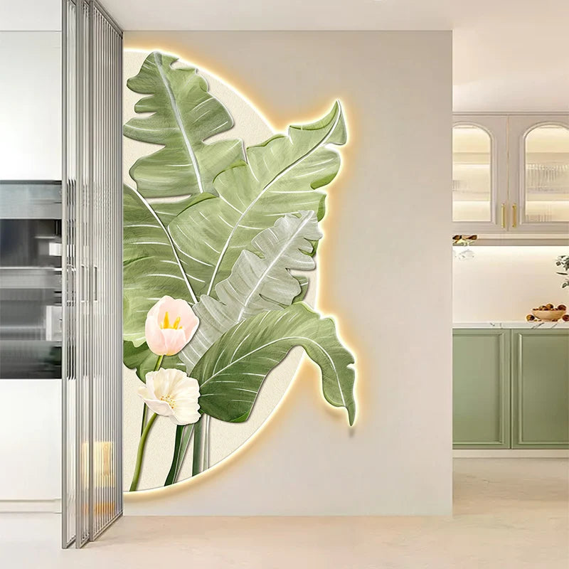 100*50CM Simplicity Flower Leaves Crystal Porcelain Modern Glass Wall Painting with Led  for Home Decor Living Room