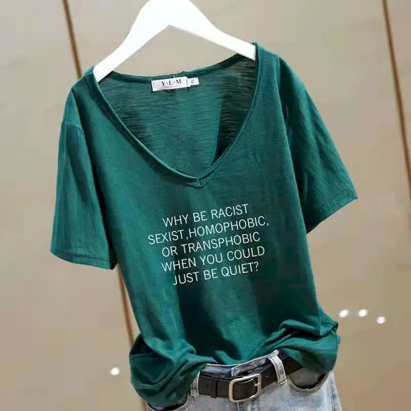 T Shirt Women 2026 New V-neck Loose Top Slub Cotton Letters Wild Short-sleeved Bottoming Shirts Female T Shirt Ins Tide Sexy Top