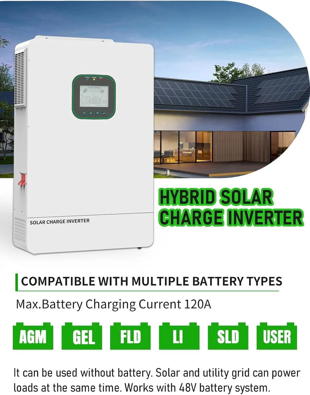 6.5KW Single Phase Solar Hybrid Inverter Max 6 Units Parallel for Residential Use Pure Sine Wave MPPT Energy Storage