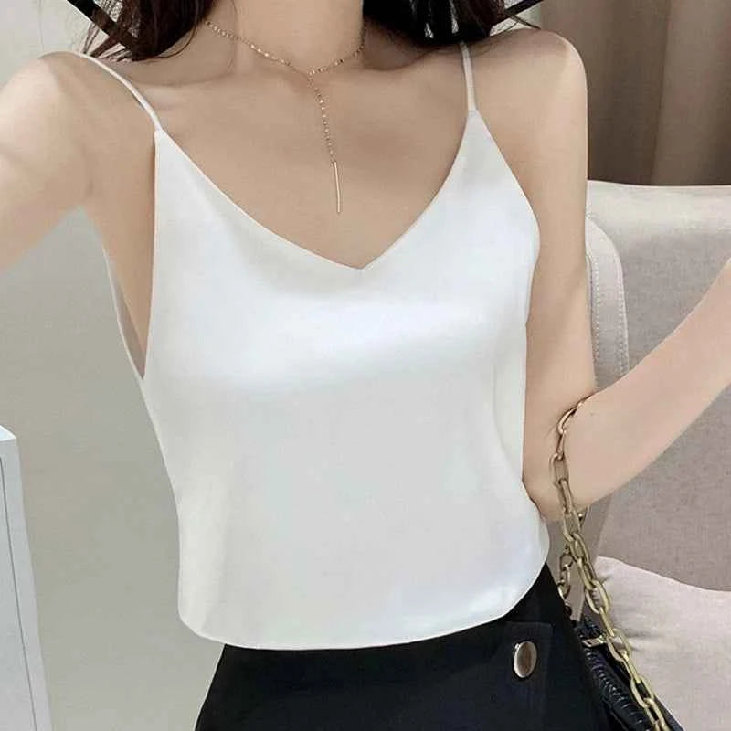 Casual V-Neck Sexy Solid Satin Woman Camis Tank Tops Chiffon Sleeveless Camisole Top Halter Camis Tops