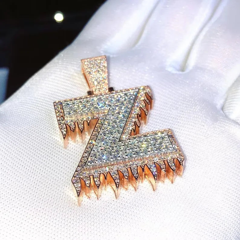 Silver Z Letter Pendant Necklace Moissanite Diamond Look Stones Hip Hop Alphabet Initial Fancy Iced Out Gift For Men Women