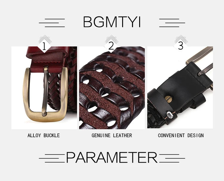 Men Genuine Leather Braided Belts Webbing High Quality Hand Vintage Belts for Men Gold Pin Buckle Casual for Jeans Strap HQ212