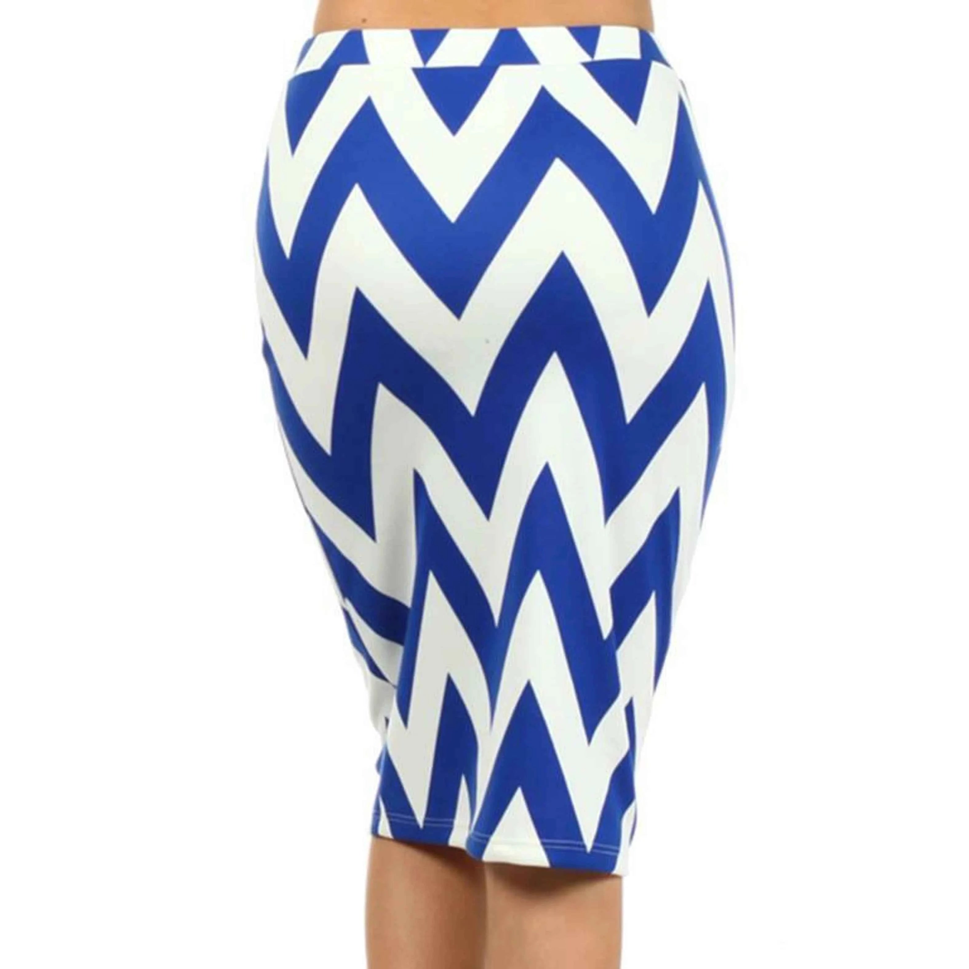 TD High Waist Blue Chevron Striped Fitted Pencil Skirt Breathable Spandex Material Ruffles Decoration Office Lady Style XS Size