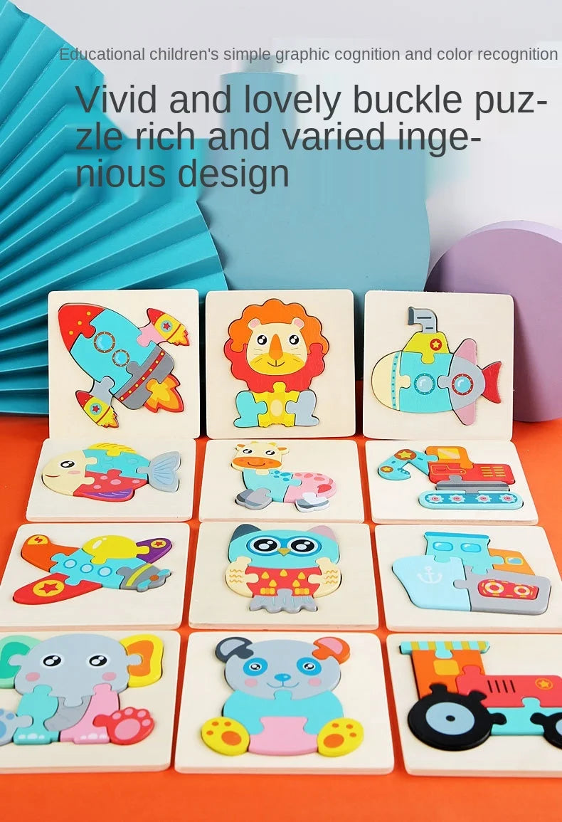 10.7cm/4.21in Kids Colorful 3D Puzzles Montessori Games Cartoon Animals Jigsaw Puzzle Baby Educational Wooden Toys for Children