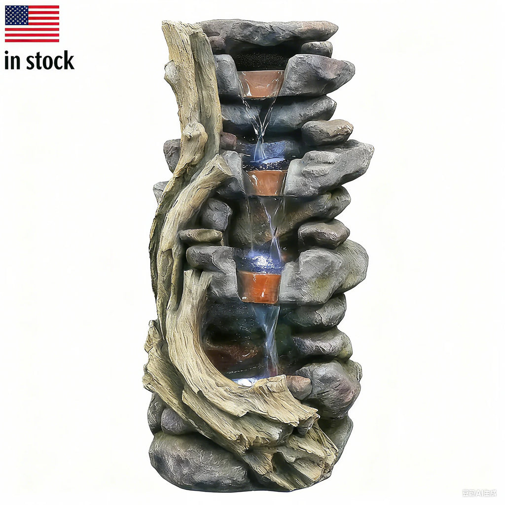 Large Resin Stacked Stone Fountain-LED Lights, Multi-Color Pond Accents