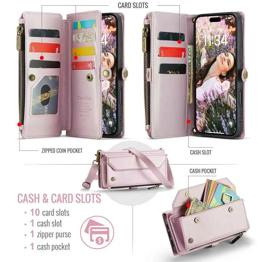 CaseMe Wireless Charge RFID Mobile Phone Cases for iPhone 16 Pro Max 15 14 13 12 11 7 8 Case Zipper Case for Iphones 15 Pro Max