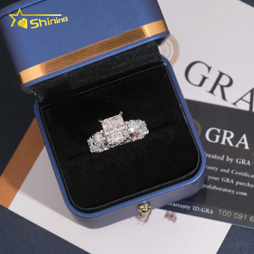 USA Warehouse Fast Shipping 925 Sterling Silver White Gold Plated Pass Diamond Test 5CT Radiant Cut Moissanite Engagement Ring