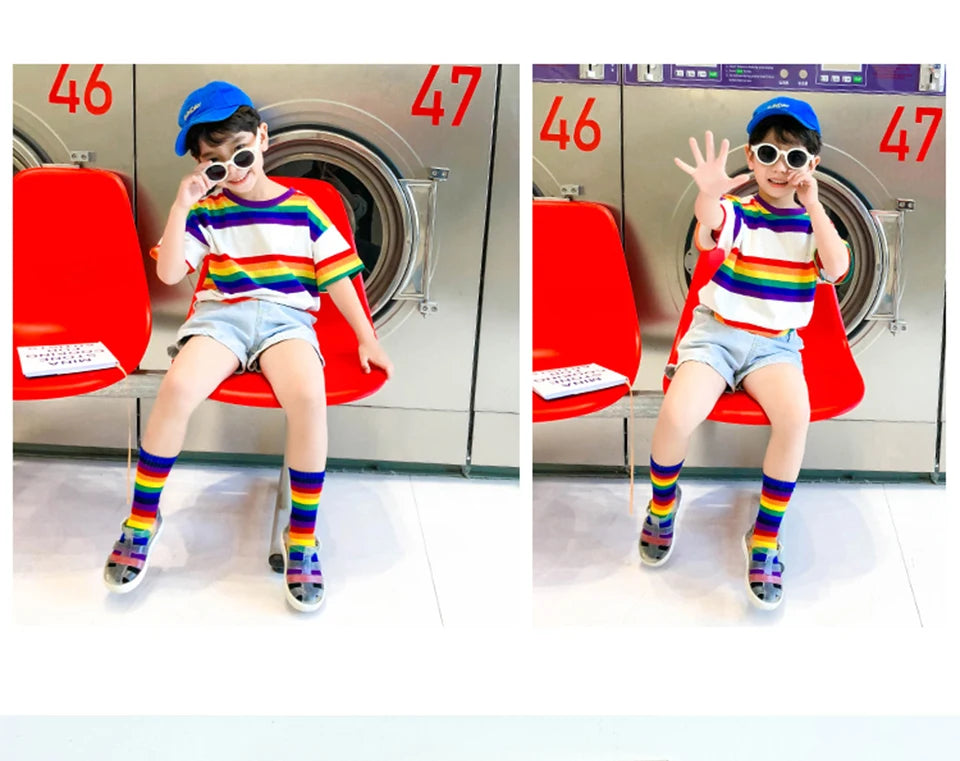 Kids Knee High Rainbow Socks Spring Summer Toddler Child Girls Boys Cotton White School Socks Stripe Long Sock Baby Accessories