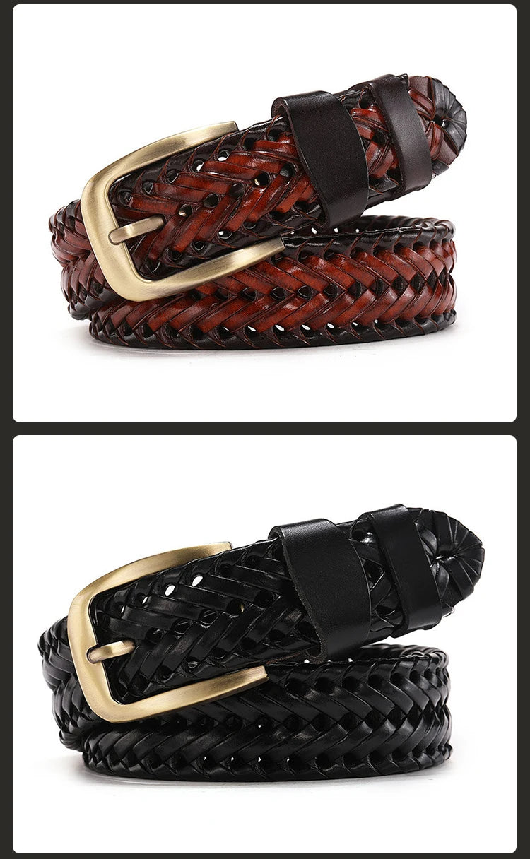 Men Genuine Leather Braided Belts Webbing High Quality Hand Vintage Belts for Men Gold Pin Buckle Casual for Jeans Strap HQ212