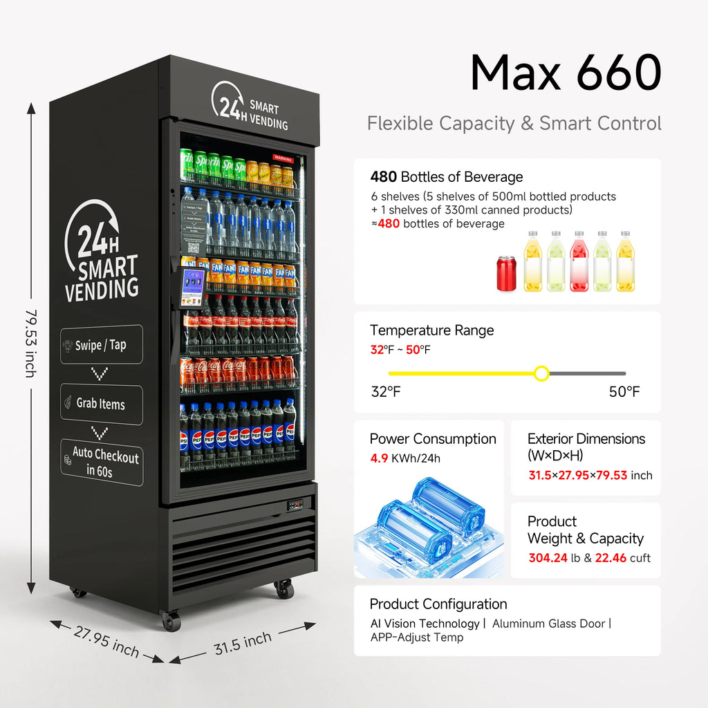 Haha US Local Large Capacity Smart AI Fridge Visual Camera Vegetable Fruit Vending Machine SDK Function 660 MAX Wi-Fi 4G POS