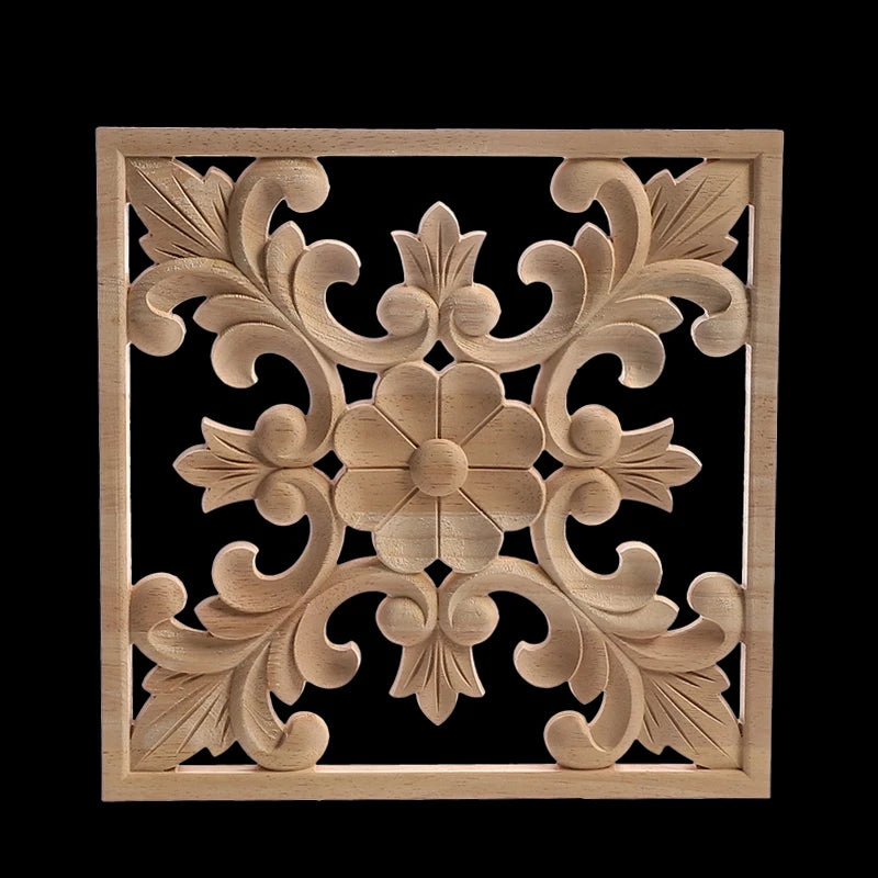 Decorative Wood Appliques Unique Exquisite Natural Floral Wooden Carved Onlay Decal Figurines Home Furniture Door Decor Square