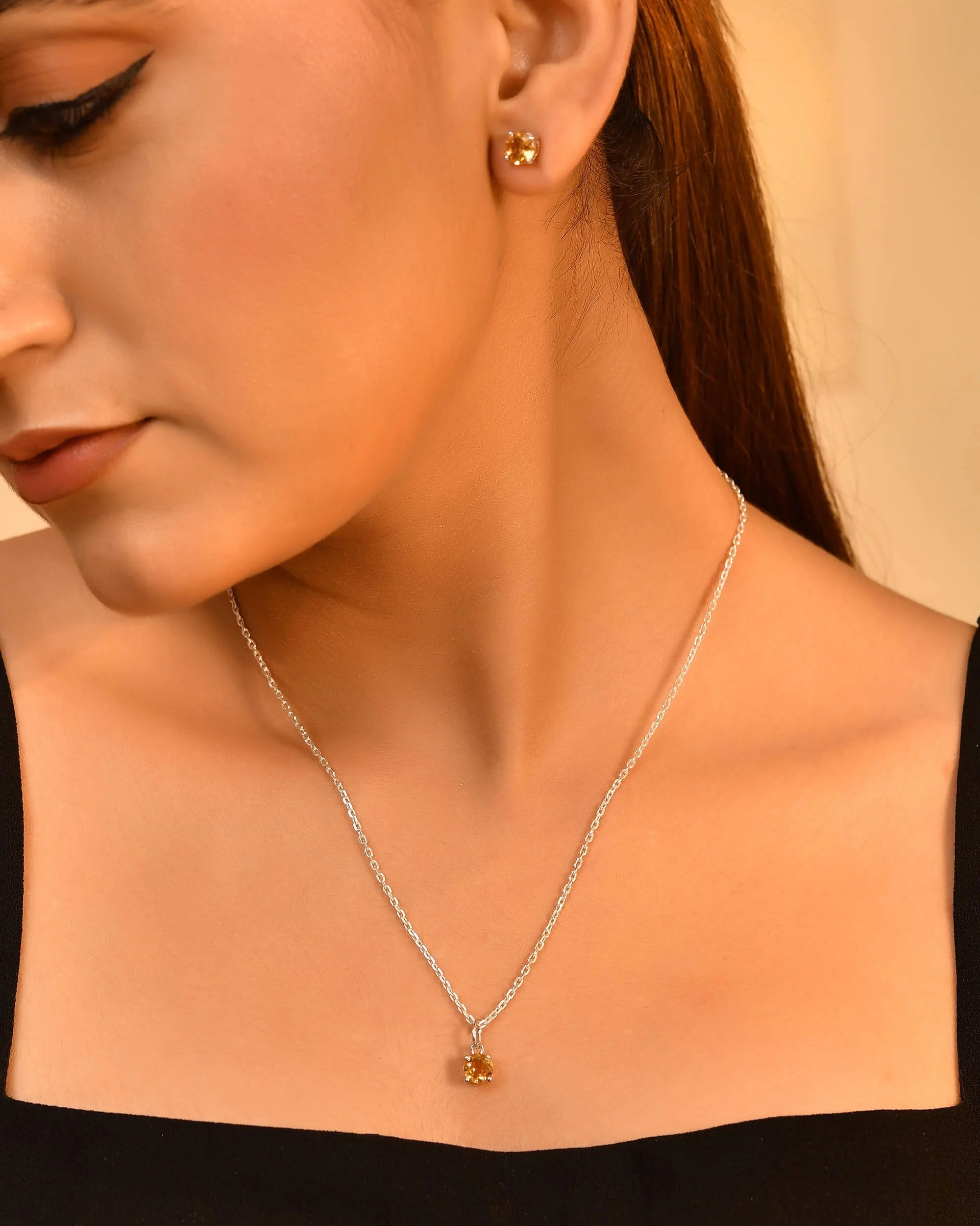 High Quality Gold Plated Sterling Silver Yellow Citrine Round-Cut Claw Setting Necklace Earring Set Trendy Anniversary Wedding