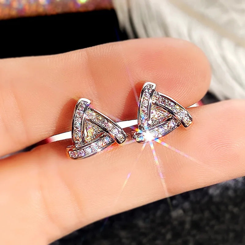 Oofl Lunneavn Wend White Gold Stud Earrings Geometric Crystal Rhinestone Minimalist Everyday Wear Rhodium Plated Unisex