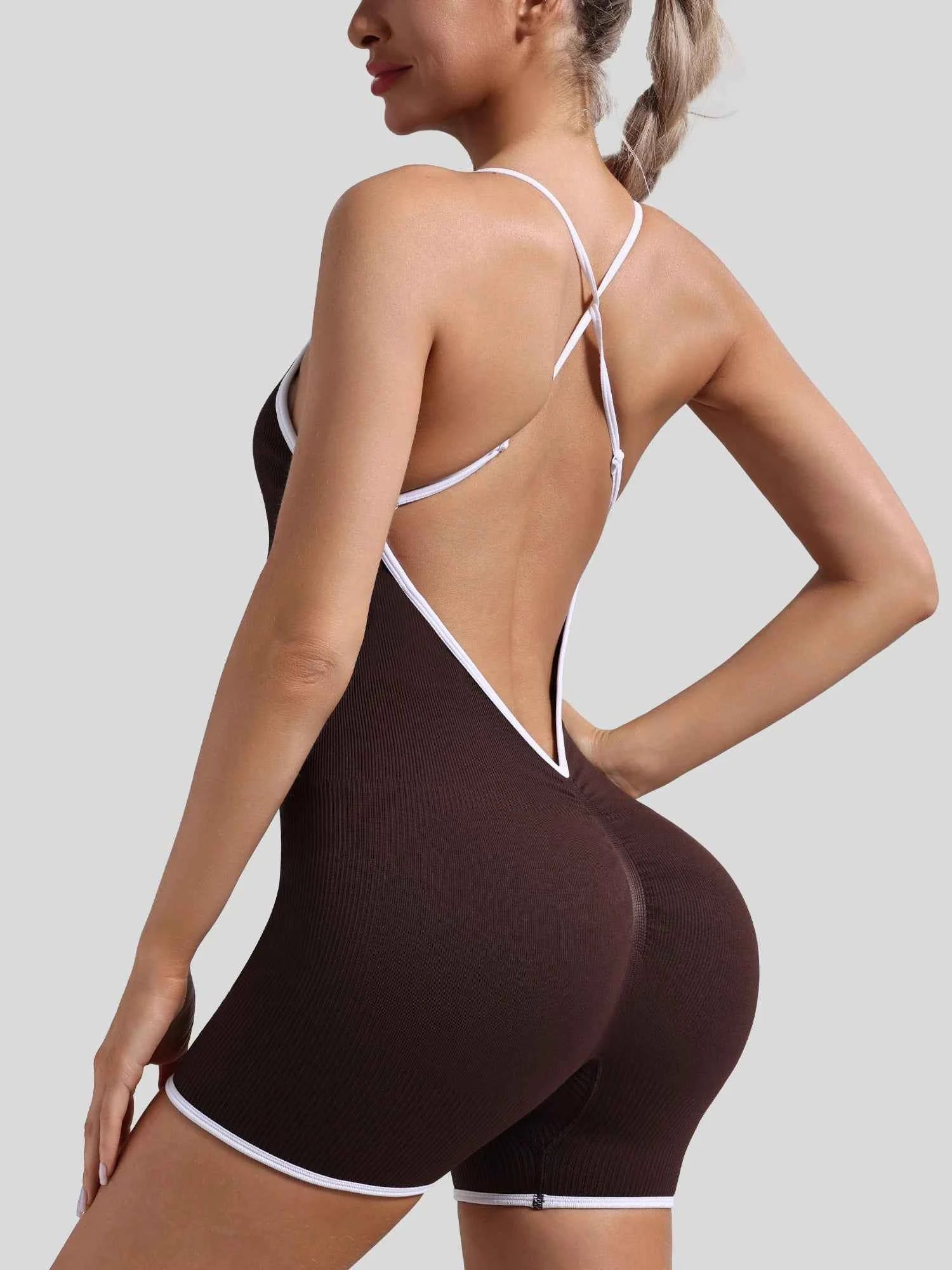 Women Seamless Quick-Drying Cross-Back Design Jumpsuit  Contrasting Color Straps One-Piece Shorts