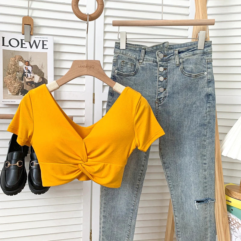 T Shirt  Woman Crop Tops Basic Short Sleeve Kawaii T Shirt Built In Bra Women Sexy Top Harajuku Korean Fashion