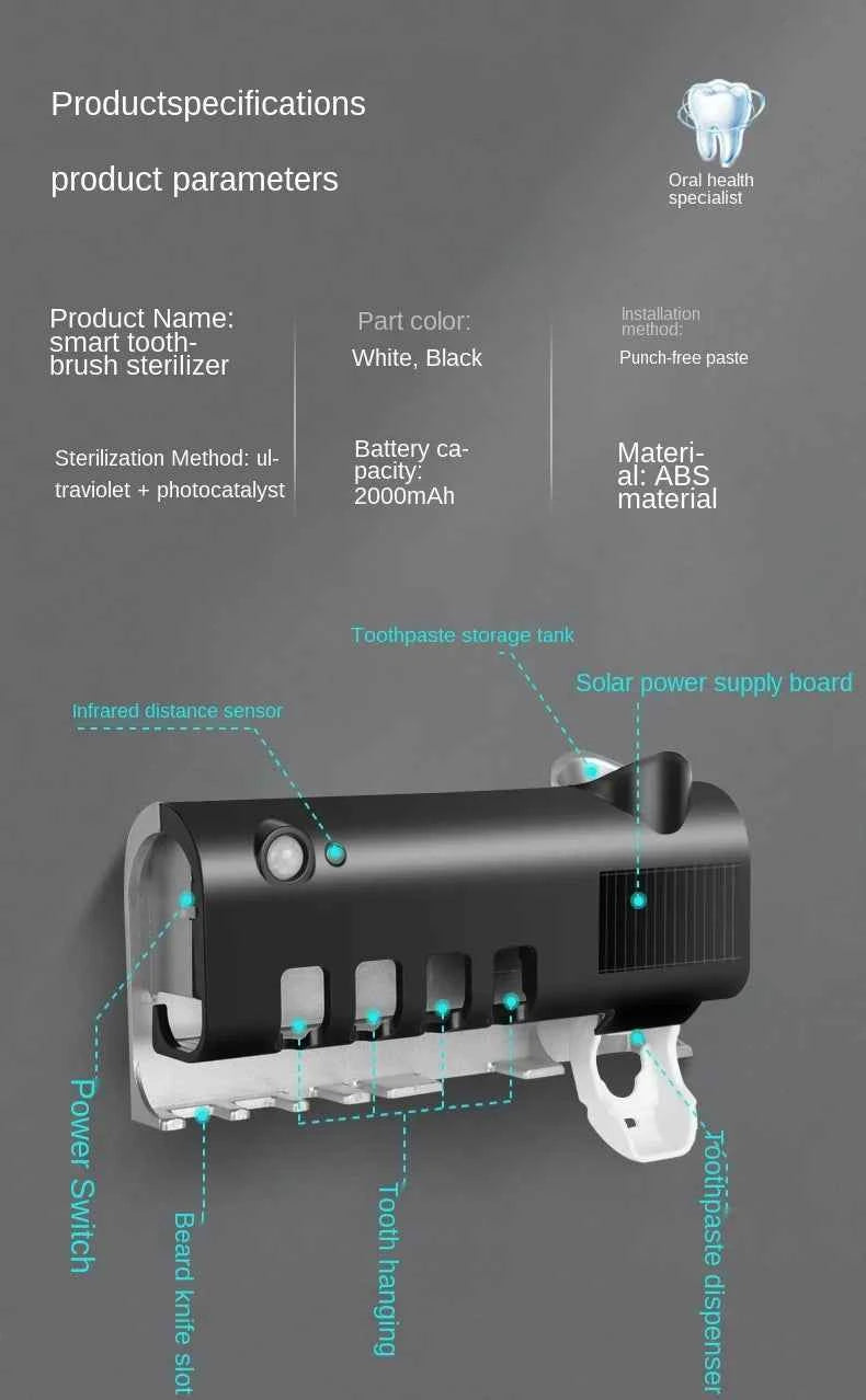 New Home Solar Energy No Need to Charge UV Toothbrush Holder Dispenser Tooth Paste Dispenser with Toothbrush Holder
