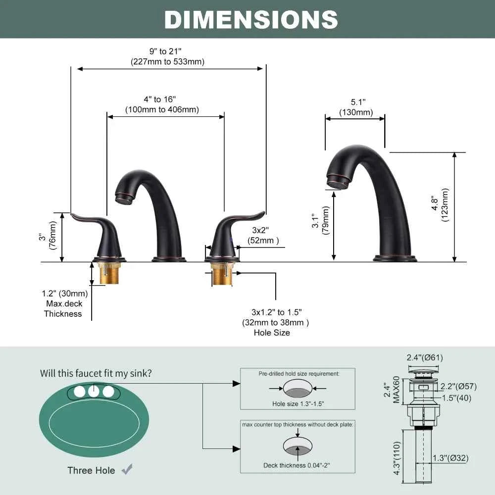 Oil Rubbed Bronze Bathroom Faucet Widespread Basin Faucet 3 Holes Vanity Faucet 2 Handle Basin Tap with Drain and Supply Lines